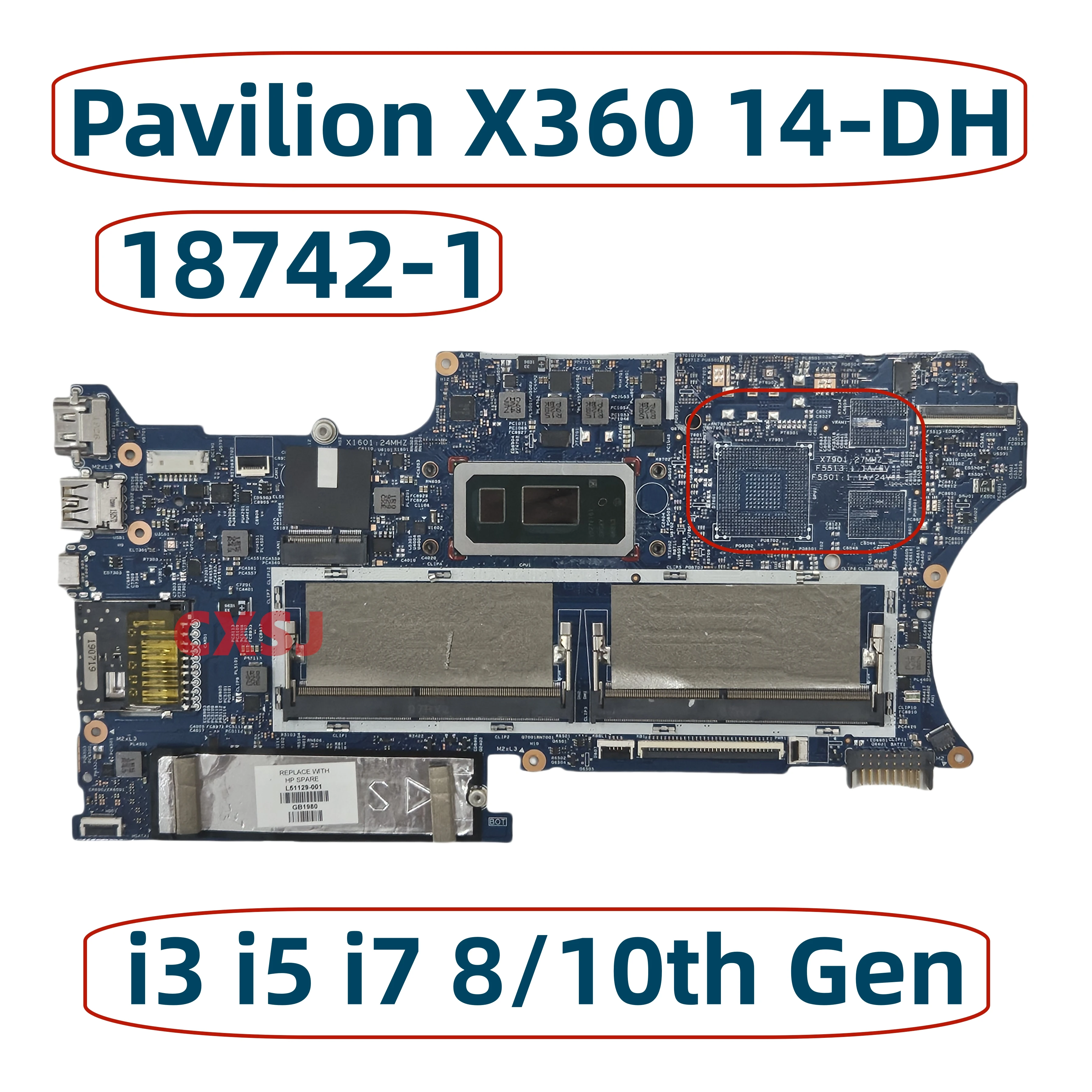 For HP Pavilion X360 14-DH 14M-DH Laptop Motherboard WIth Core I5-8265U i5-10210U 18742-1 L51133-001 L51133-601