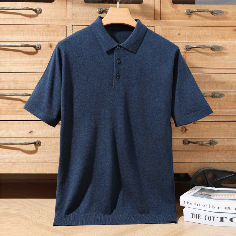 Summer new 100% beautiful slave pure wool leisure knitted Polo shirt men's fashion solid color slim short sleeve breathable bott