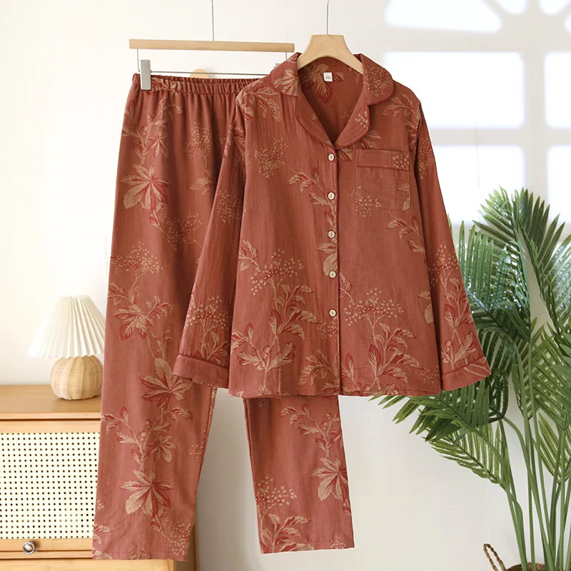 

Yarn-dyed Cotton Pjamas for Women Long Sleeve Trousers Turn-down Collar Loungewear Loose Leisure Flower Print Home Clothes