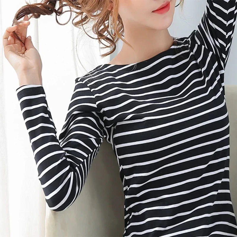 

2024 spring new fashion one-line collar wild striped bottoming shirt cotton long-sleeved t-shirt women's top