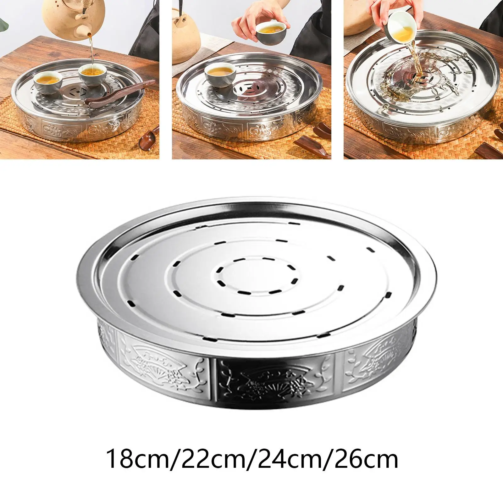 Chinese Kung Fu Tea Tray Round Stainless Steel Water Storage Drain Tray for Teapot Cup Table Centerpiece