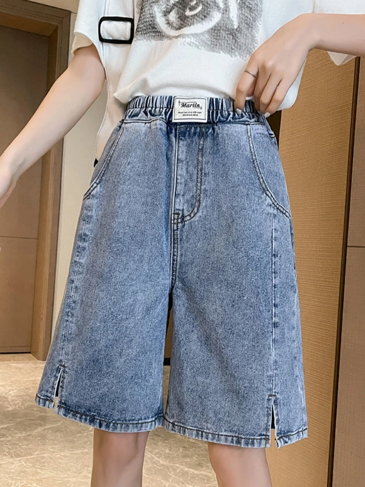 

Blue High Waist Wide Leg Short Jeans Women's Summer plus Size Slimming Casual Elastic Waist Five-Quarter Pants