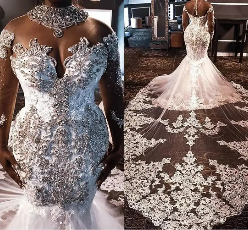 

Customized South African Mermaid Wedding Dresses Lace Crystals Beading Long Sleeves Bridal Gown High Neck Plus Size Vestiods