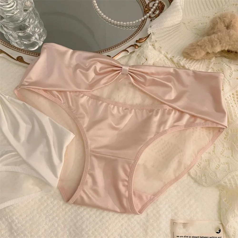 

Satin Silk Mesh Bowknot Panties Transparent Cotton Crotch Hollow Out Seamless Panties Mid Waist Solid Color