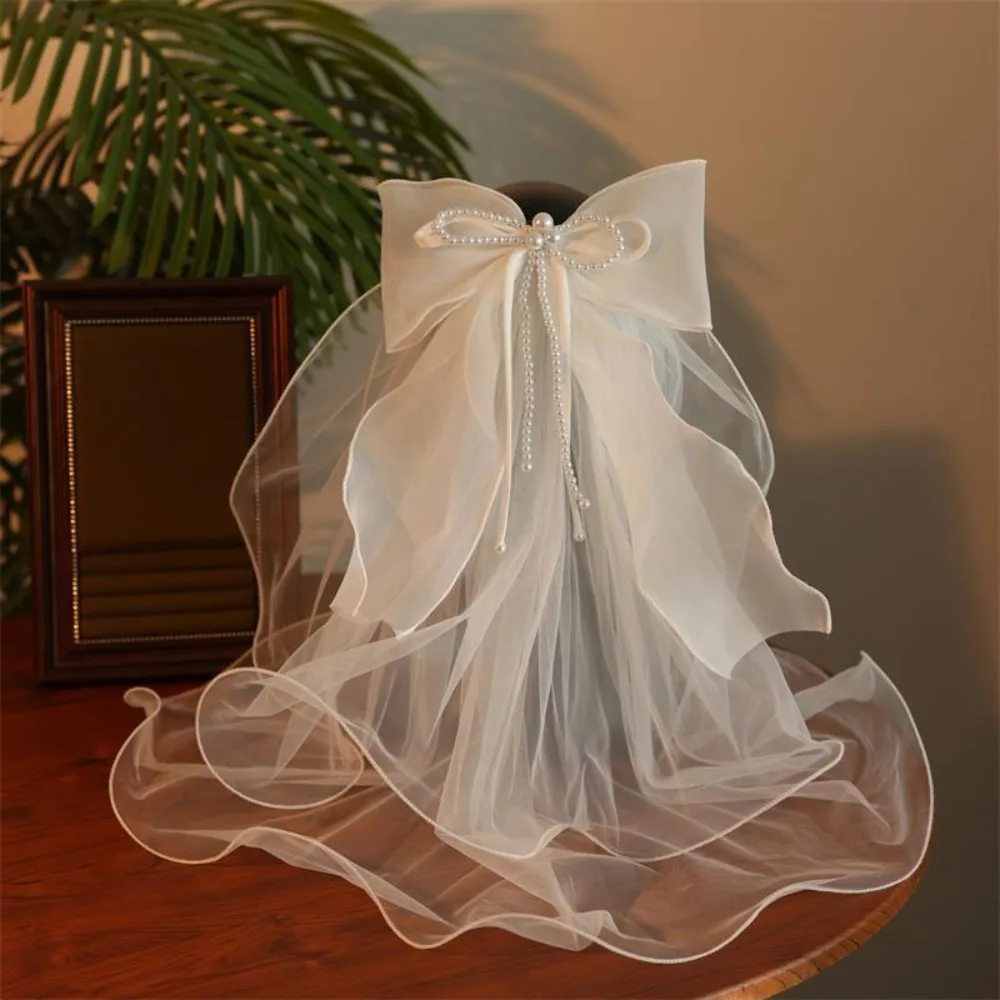 

Simple Pearl Beaded Short Wedding Veil with Comb Marriage Shoulder Bridal Veils Accessories