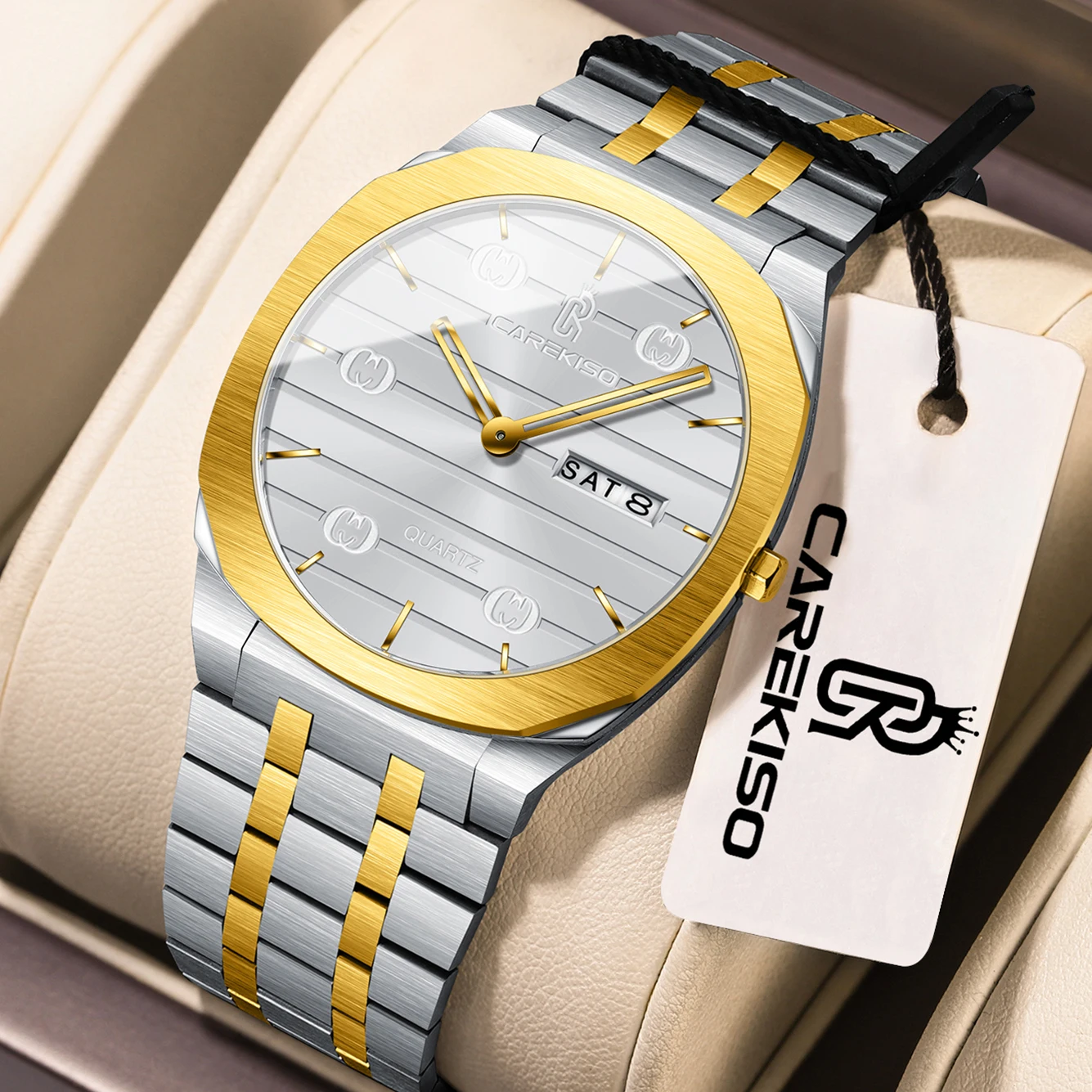 

CAREKISO Luxury Fashion Men Clock Waterproof Week Date Casual Man Wristwatch Stainless Steel Quartz Business Men's Watches Reloj