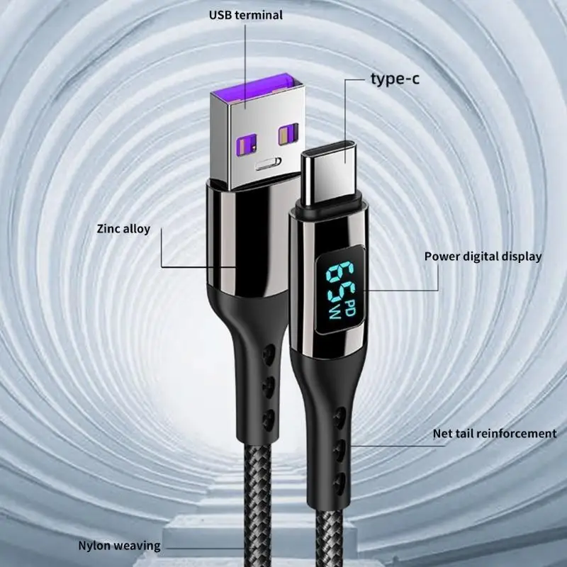R53C USB to Type C LED Display 65W Charging Cord USB 480Mbps Data Sync Nylon Braided Charging Cable for Phone Cable
