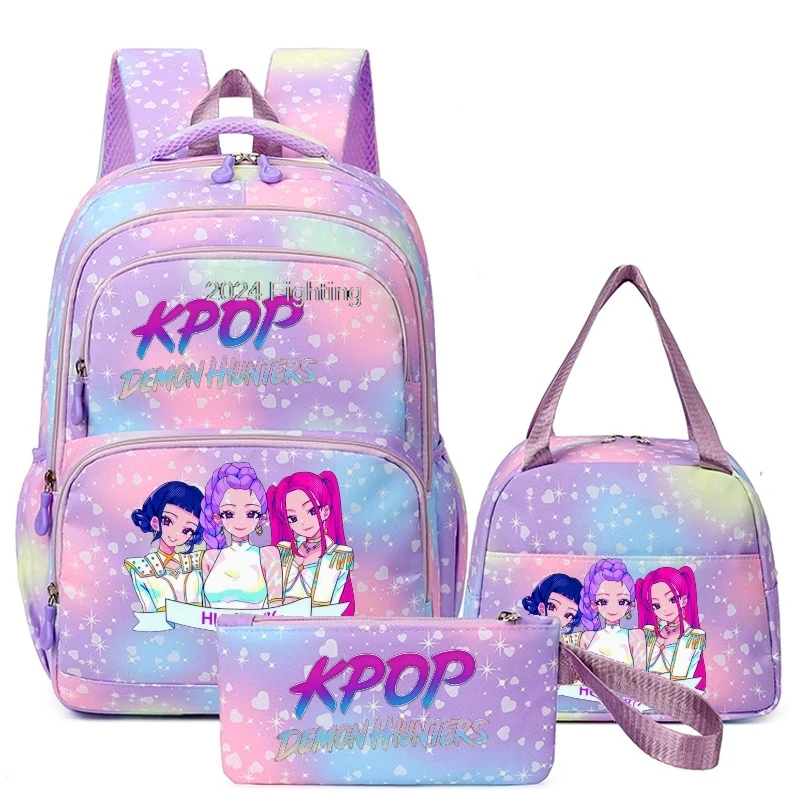 Набор из 3-х рюкзаков K-Pop Demon Hunters с сумками для обедов Rumi, Mira, Zoey, HUNTR/X, Saja Boys, красочные школьные рюкзаки с множеством карманов, Hasp Mochila