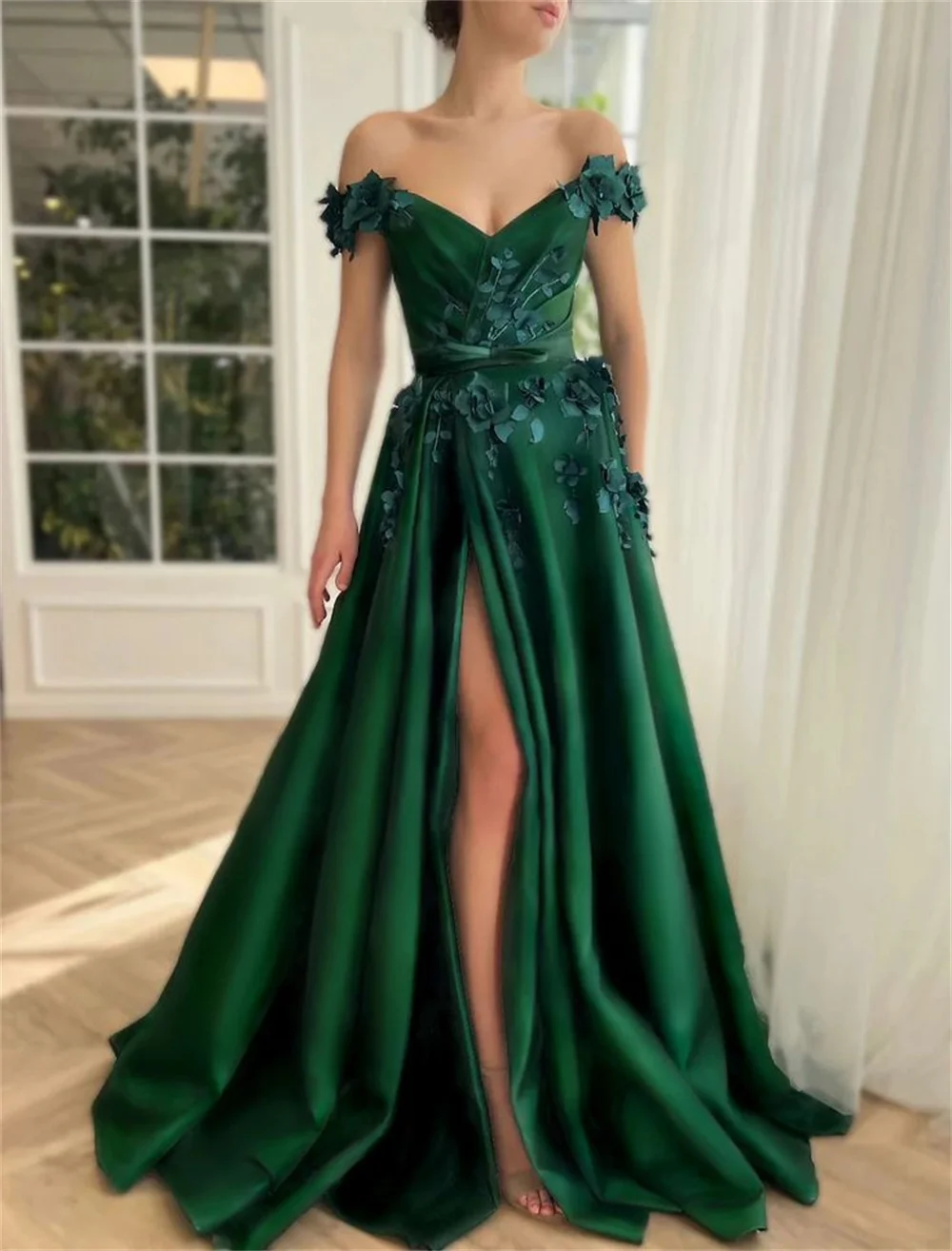 Amanda Green Satin Prom Gown Off the Shoulder A-line Evening Formal Elegant Sleeveless Floor-Length Side Split Party Dresses