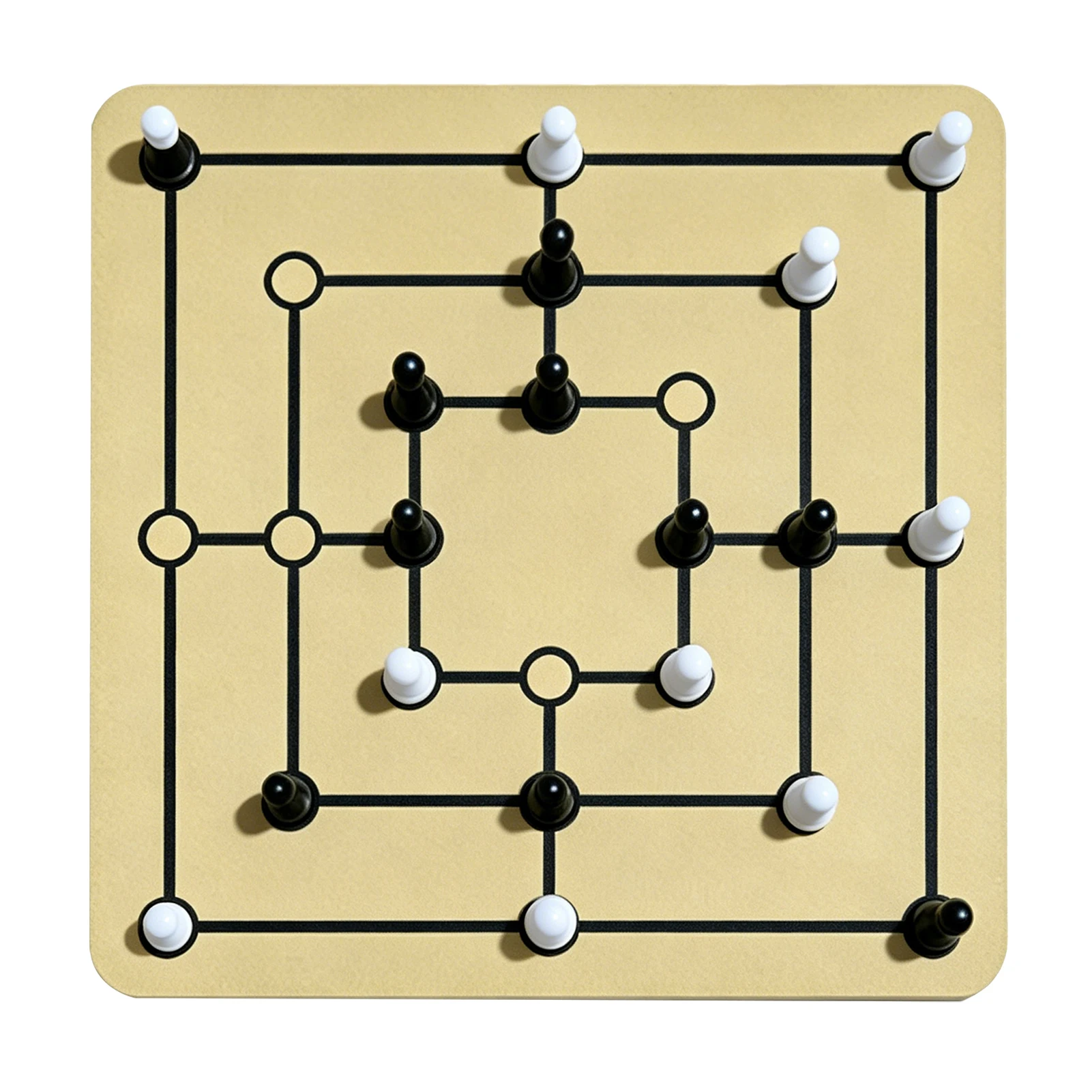 Bordspel met strategische elementen voor op het bureau: Nine Mens Morris. Een leuk bordspel met strategische elementen voor een gezellige avond met het gezin, of om mee te nemen op reis.
