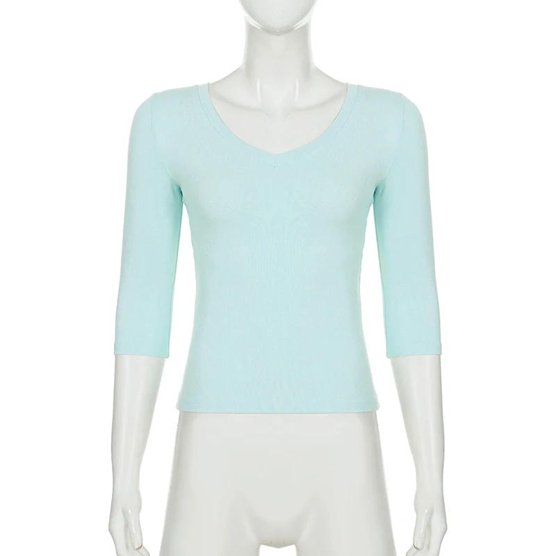 SUCHCUTE Y2K All-Match Basic Damen-Top, sexy, tiefer V-Ausschnitt, 3/4-Ärmel, einfarbig, schmal geschnitten, kurz geschnittenes Casual-Outfit-T-Shirt im Grunge-Stil. – Detail 4