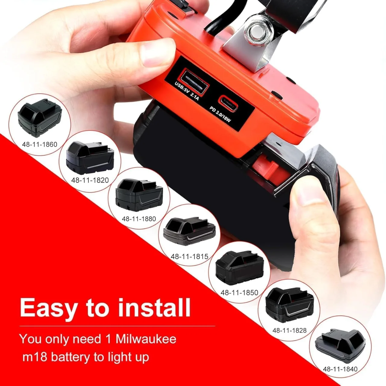 Portable LED Work Light Compatible with Milwaukee 18V Battery, 48W 4200LM Cordless Flood Lights with USB & Type-C 48-11-1815