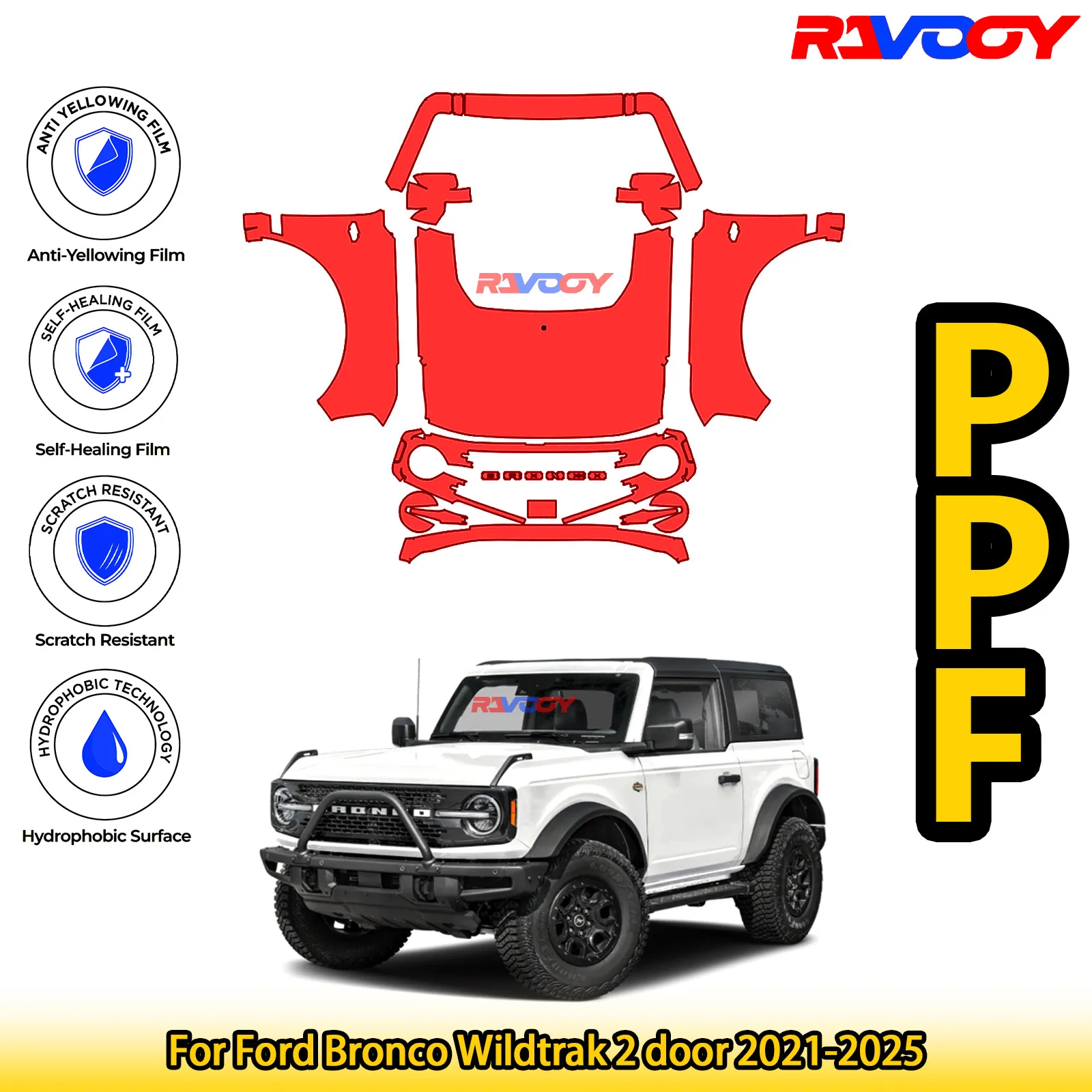 

Для Ford Bronco Wildtrak 2-дверный 2021-2025 глянцевый матовый черный предварительно вырезанный передний комплект PPF защитная пленка для краски
