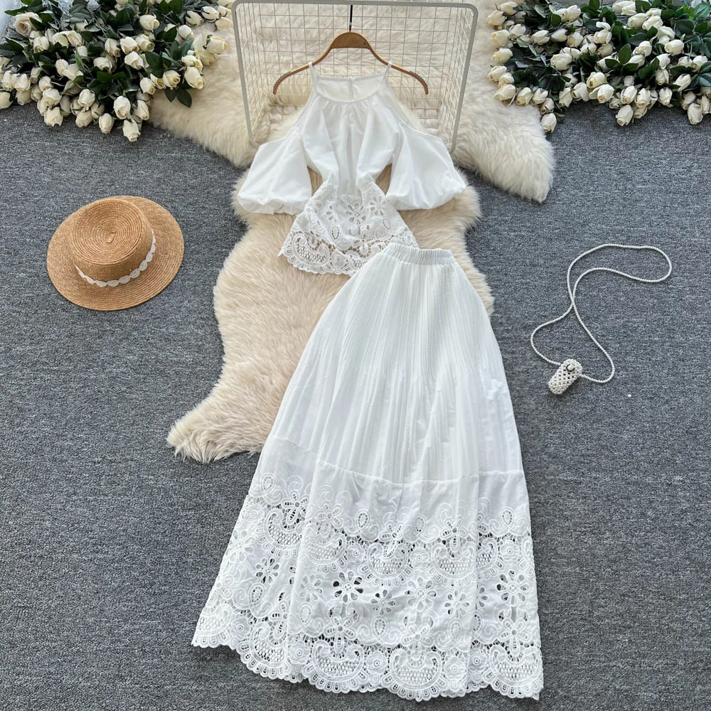

Two Pieces Women Cutout Dress Set White Matching Sets Strapless Off Shoulder Top Ankle Lenth Skirt Loose Fit Casual 2025 Summer