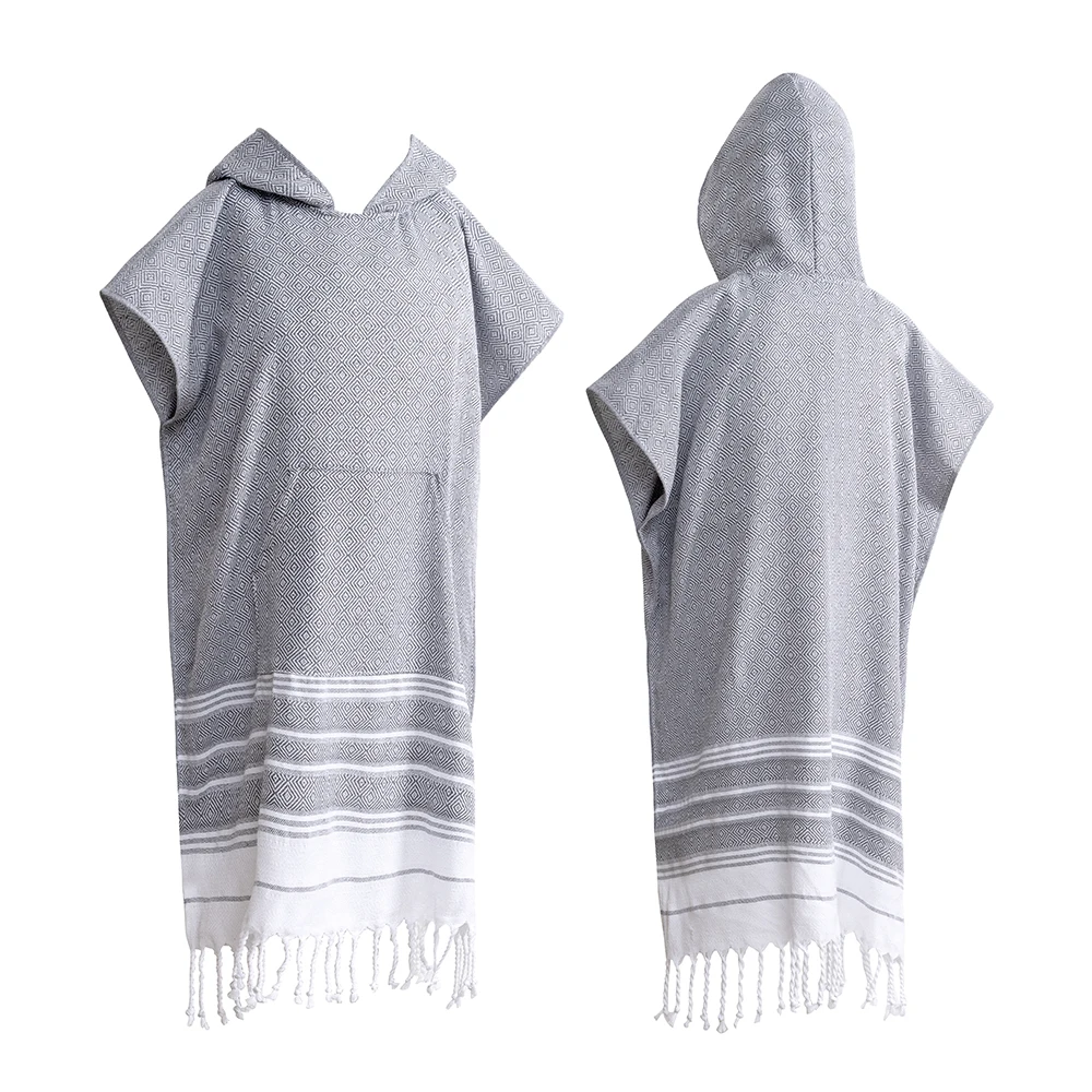 Wearable Turkish diamond plaid beach towel sandproof and quick-drying 100% cotton surf poncho bathrobe hooded wetsuit change of view 3