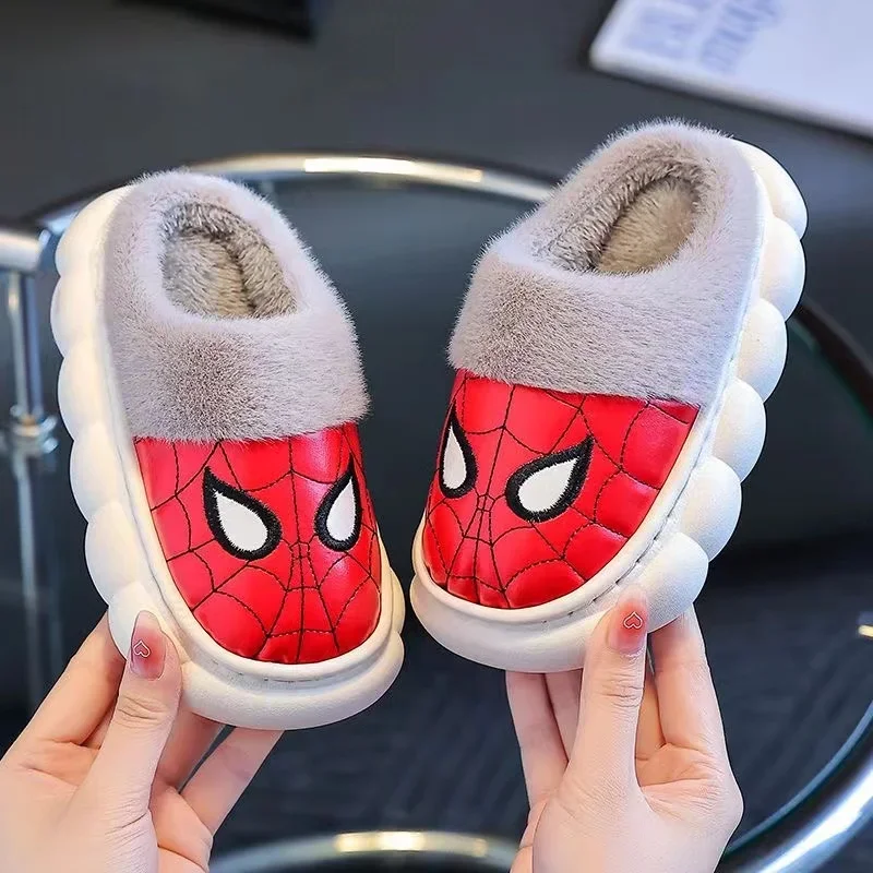 Disney Winter Children Baby Boy Cotton Slipper Cartoon Spiderman Print Kids Non Slip Warm Plush Waterproof Girl Home Shoes 26-36