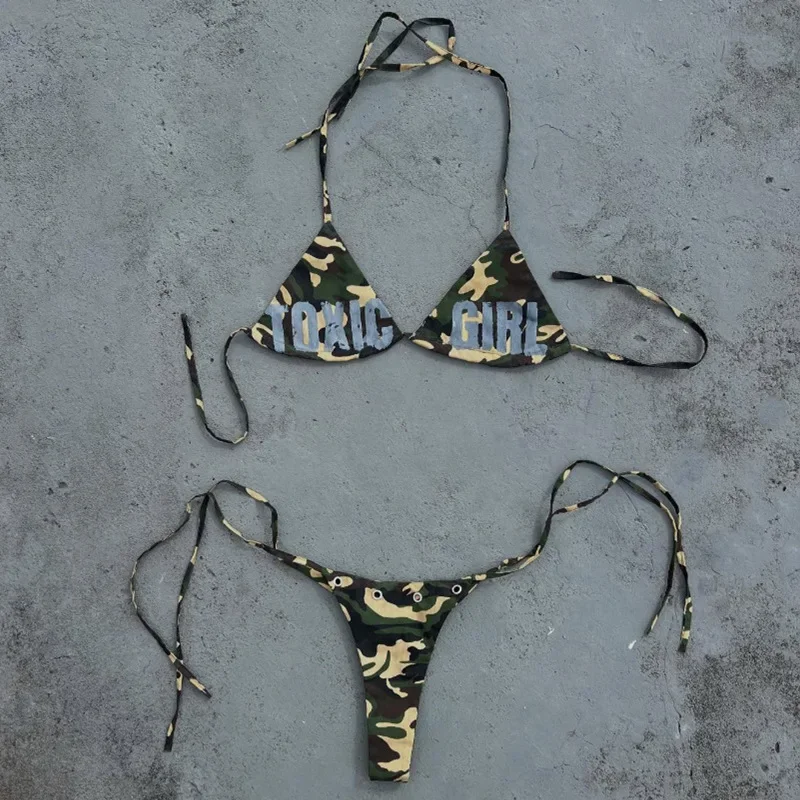 European American Cross Border 2026 Summer Camouflage Halter Letter Print Iron Ring Fashion Bikini Swimwear Set