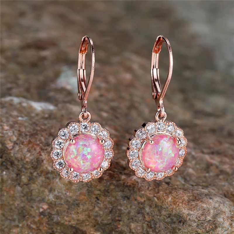 Cute Pink Purple Fire Opal Stone Round Hoop Earrings For Women Charm Female Rose Gold Color Wedding Jewelry Gift