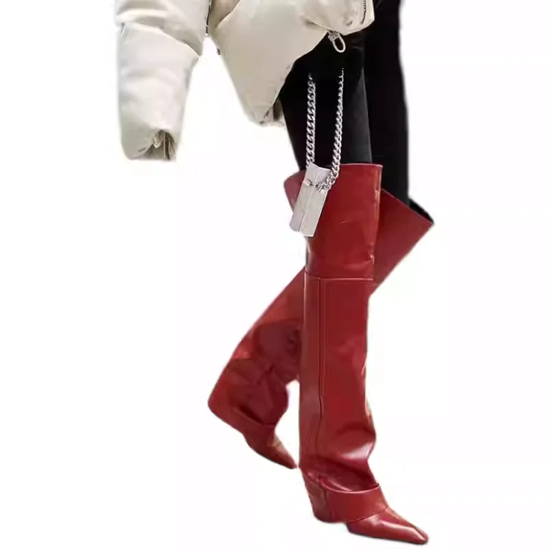 レディースファッション ポインテッドトゥ オーバーザニーブーツ レッドレザー ウェッジヒール サイドジッパー ハイヒール