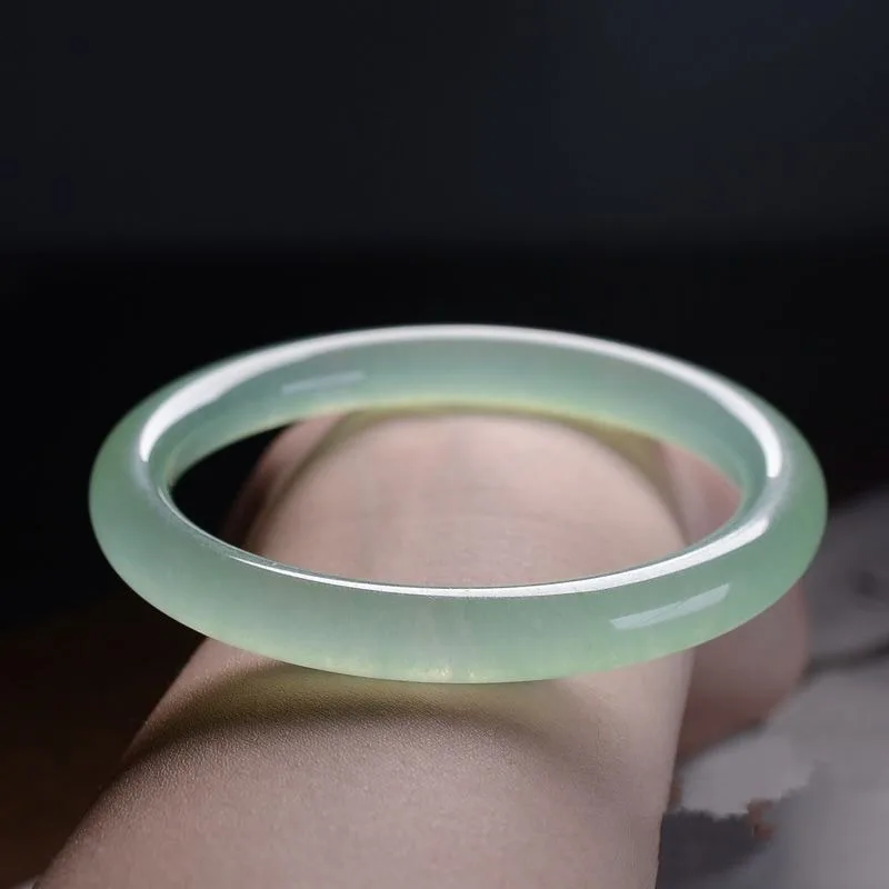 

Round Strip Thin Ice Light Green Quartzite Jade Bracelet