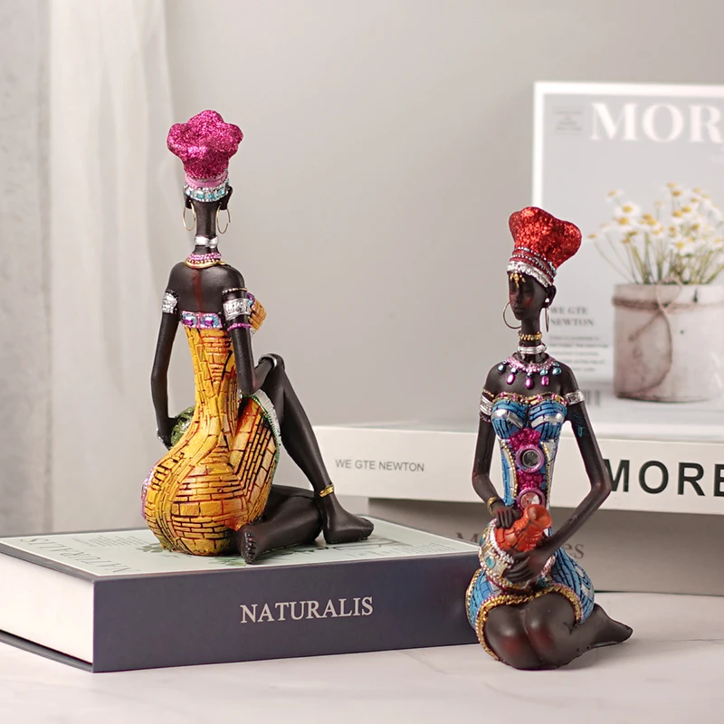 NORTHEUINS Resin African Black Women\'s Ornaments Exotic Holding Pottery Jars Home Living Room Desktop Decor Statues Art Figures