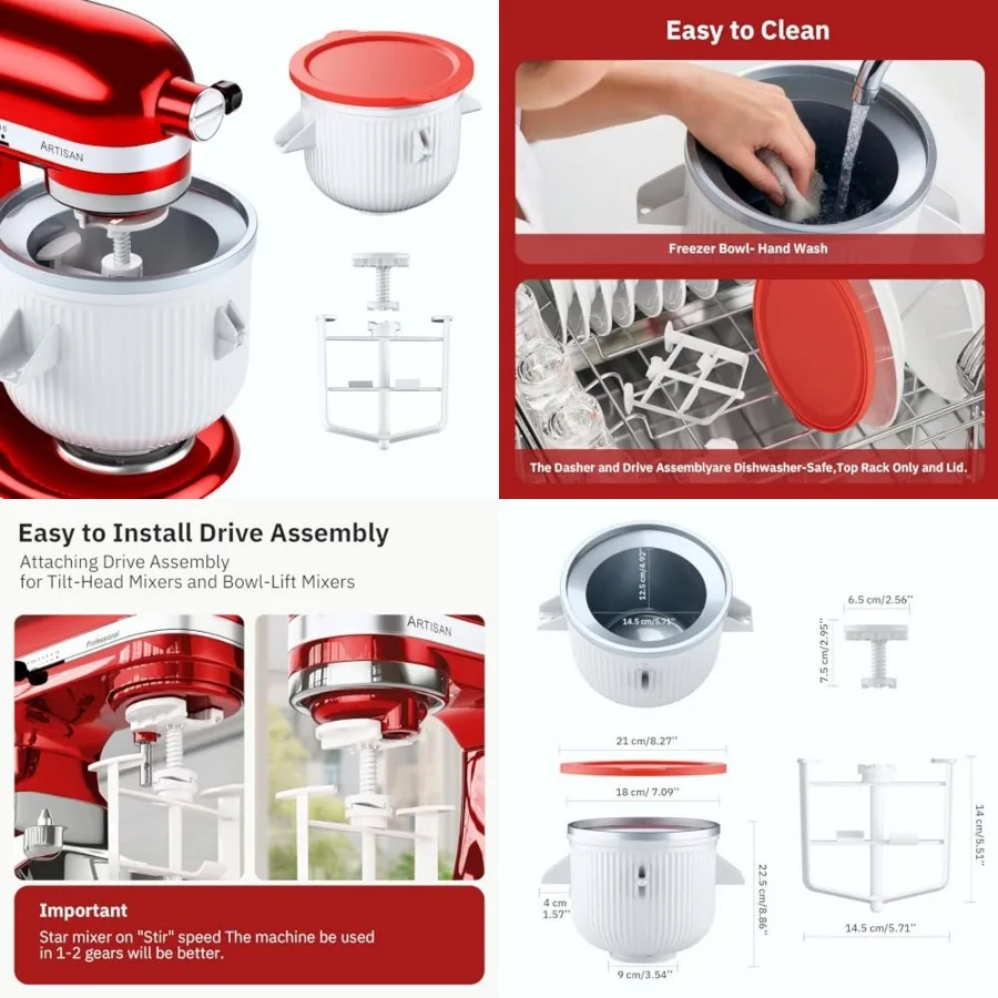 

Ice Cream Maker Attachment for KitchenAid Stand Mixer, Ice Cream Bowl Compatible with 4.5Qt and Larger Stand Mixers, Ice Cream