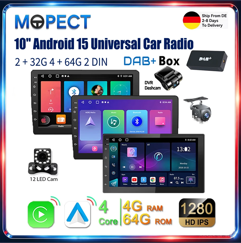 MOPECT 10" Android 15 Universelles Autoradio 2+32G 4+64G 2 DIN Universelles Autoradio mit kabelloser CarPlay-Funktion GPS-Navigation RDS FM-Radio WLAN und Bluetooth