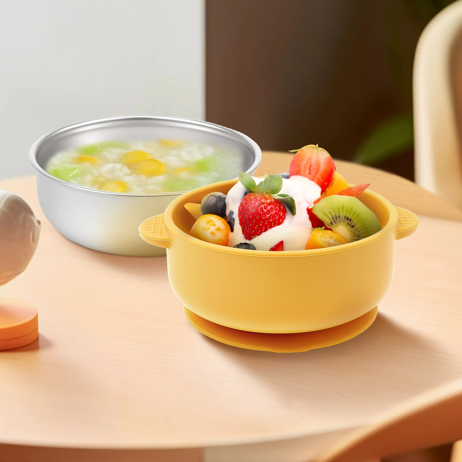 

4 шт. детские миски из нержавеющей стали 304 со съемным силиконовым рукавом, нескользящие присоски для малышей, контейнеры для закусок для малышей