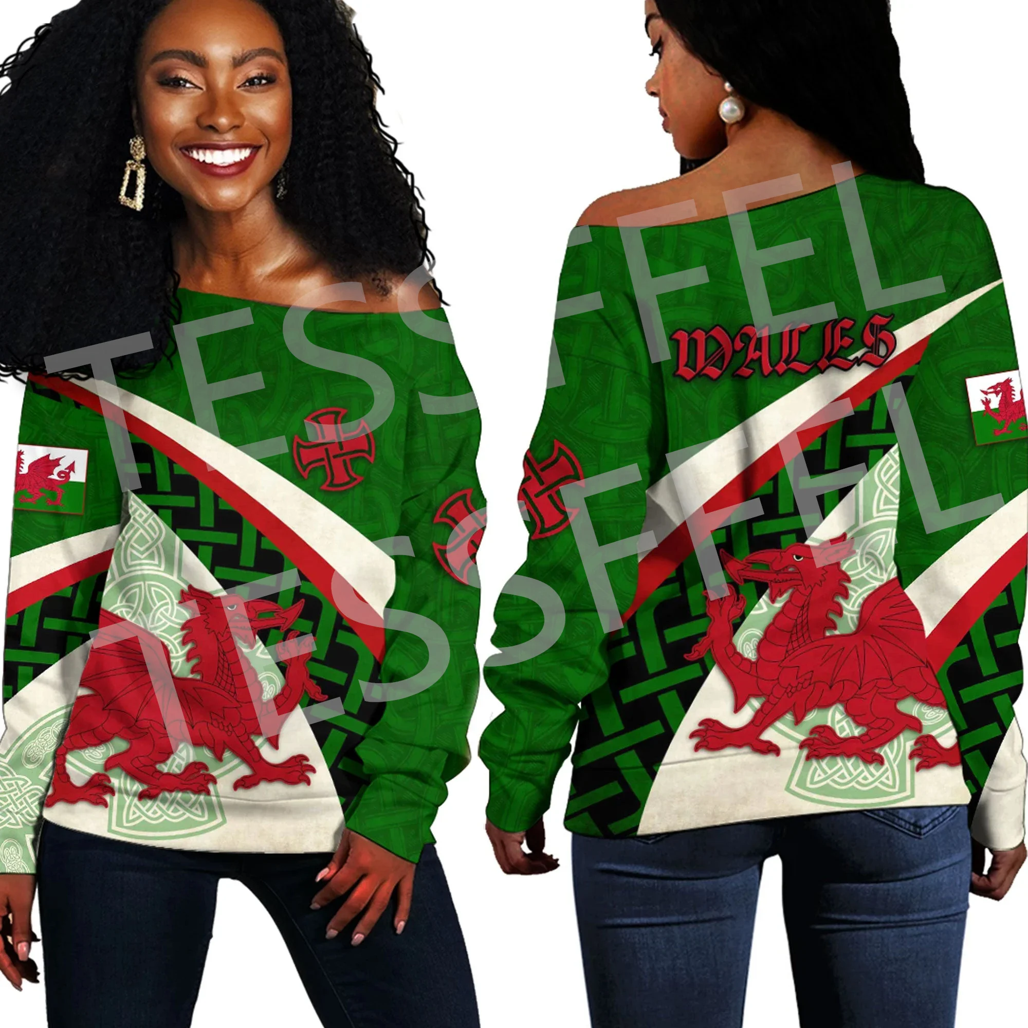 Wales Dragon Cymru Celtic Country Flag Tattoo Retro 3DPrint Harajuku Women Funny Casual Off Shoulder Sweatshirts Long Sleeves X3