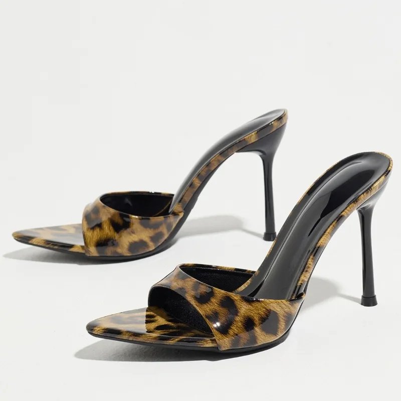 

Fashion Leopard Print High Heels Slippers Women Summer Patent Leather Pointed Peep Toe Stiletto Sandals Elegant Slides Sandals
