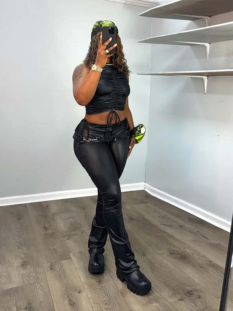 Kliou Decorazione con coulisse Set da 2 pezzi Donna in pelle PU o-collo Canotte con ombelico esposto + Pantaloni lunghi skinny Abiti stile hip-hop