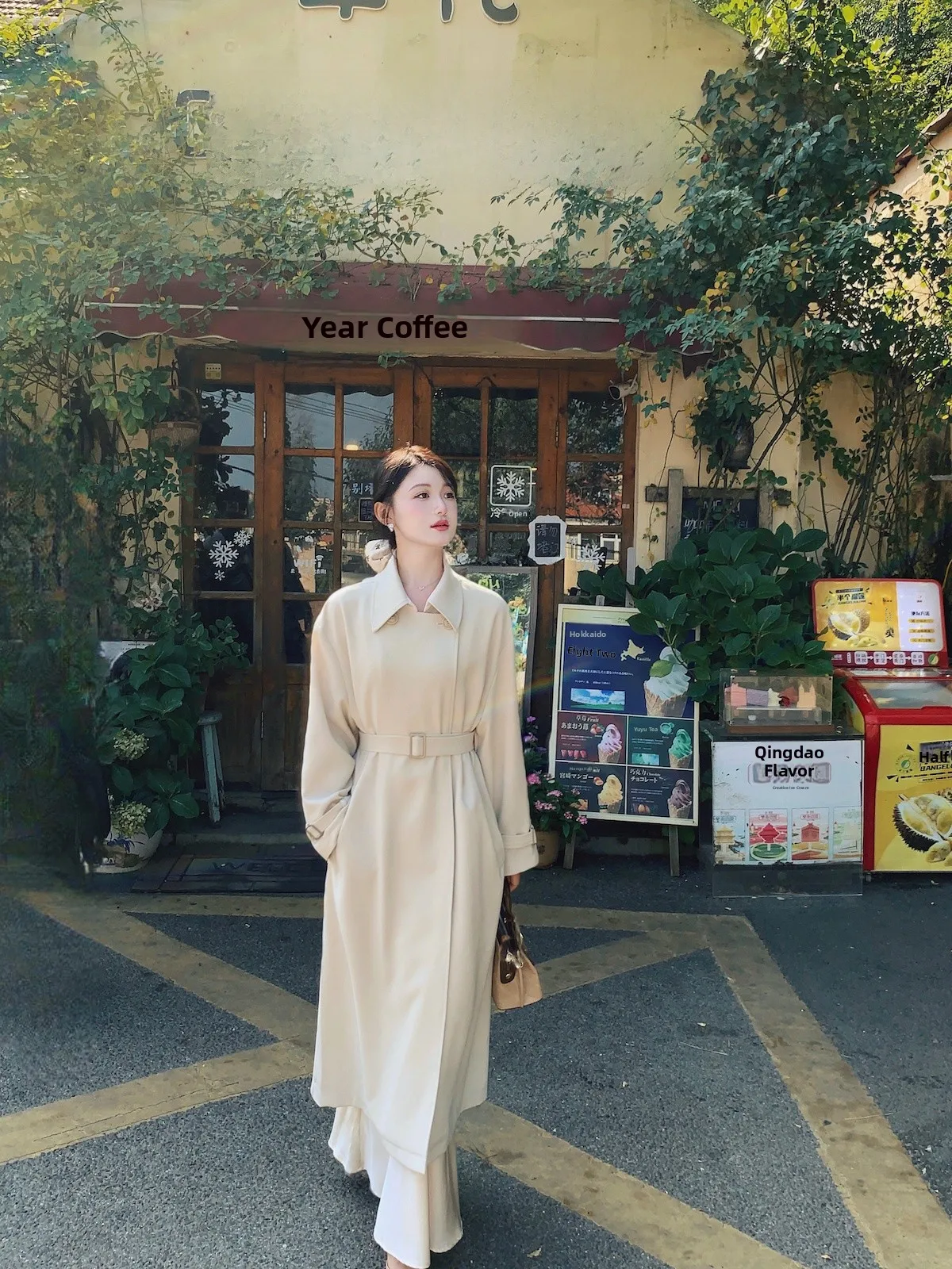 

Zhaouzhen винтажное простое бежевое пальто средней длины с воротником Ele, женское весенне-осеннее ветровка с поясом и высокой талией