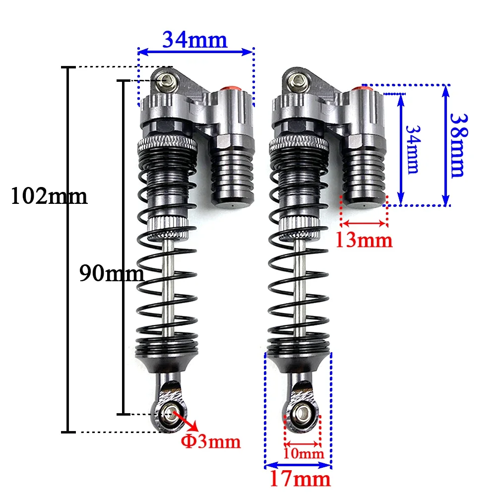 2PCS  90mm Hole-to-Hole Piggyback Shock Absorbers for 1/10 RC Crawler - Traxxas TRX-4/Axial SCX10/Element RC D90/Kyosho KM2