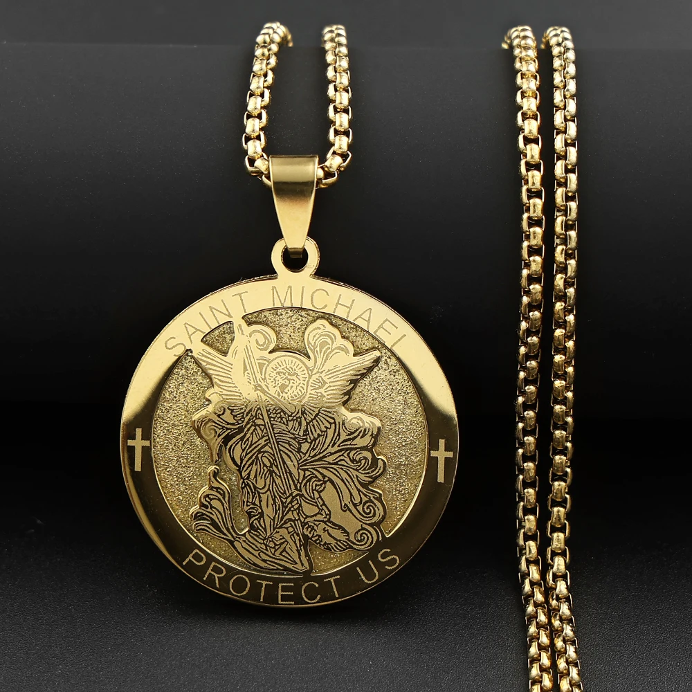 Archangel St.Michael Protect Us Cross Medal Pendant Necklace Stainless Steel Christian Saint Michael Chain Amulet Jewelry Gift