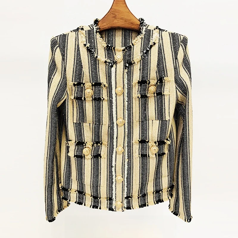 

Fall Winter Celebrity Fashion Sequin Stripe Thickened Woolen Jacket round Neck Coat Open-Ended Trim Star Light Woolen Coat