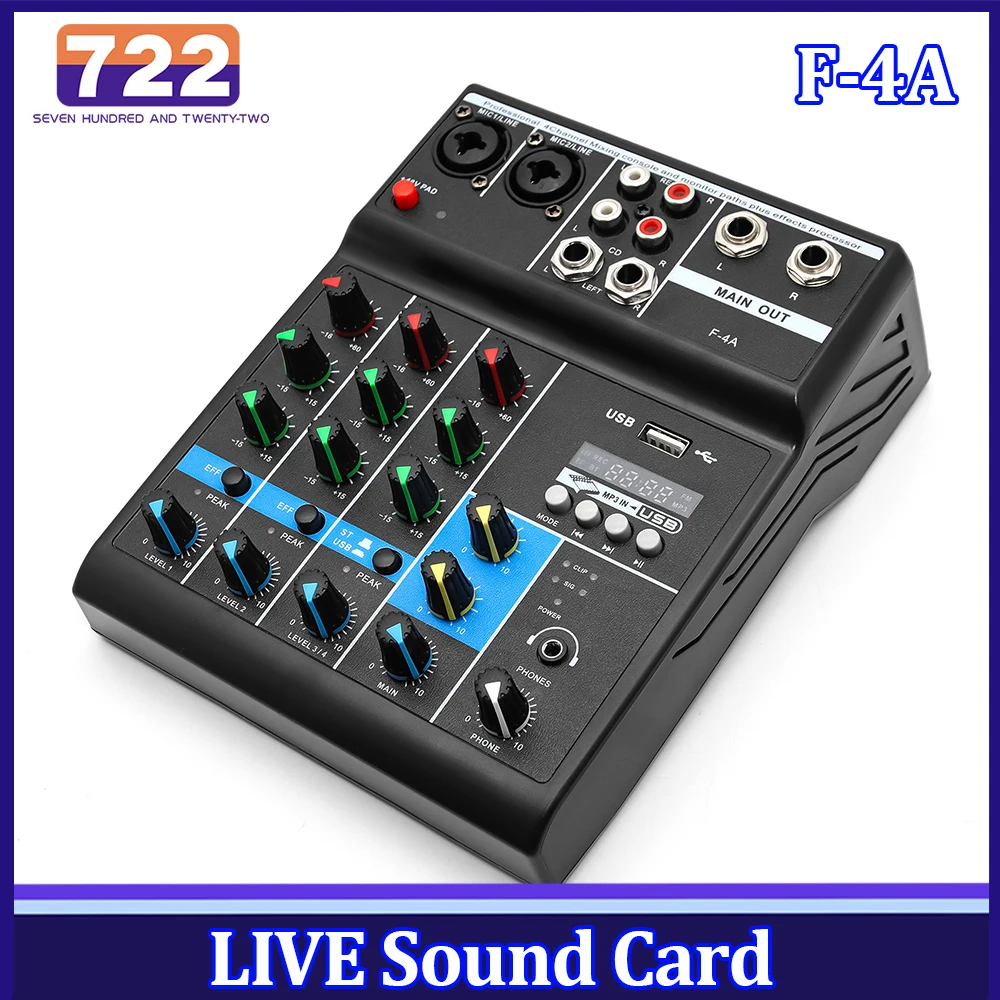 F-4A Professional 4-channel Audio Mixer Portable Bluetooth-compatible Live Sound Card for Music Production Make Webcast K Song