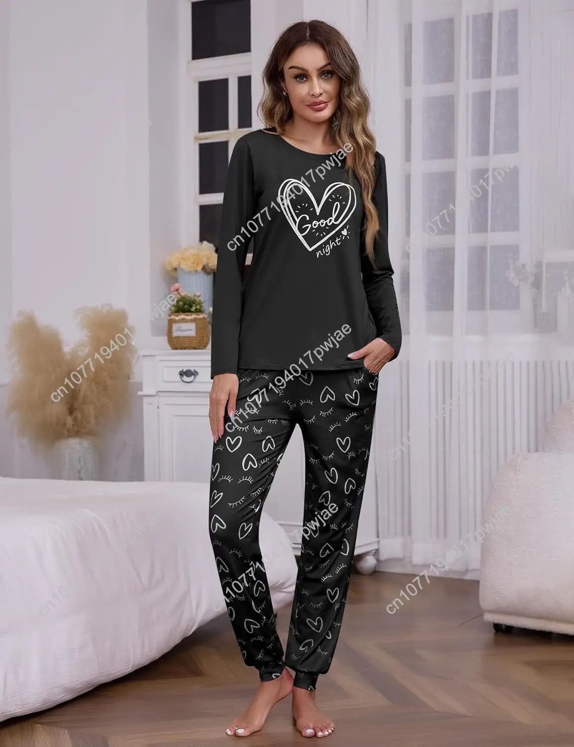 Sykooria Pajama Sets for Women 2 Piece Sleepwear Pj Set Long Sleeve Top & Cute Print Jogger Pants with Pockets