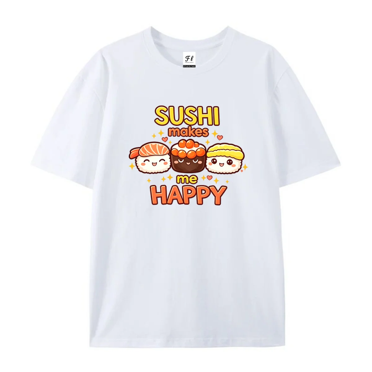 Women Sushi Makes Me Happy Graphic T Shirt Summer O Neck Short Sleeve Cute Cartoon Japanese Food Star Heart Print Soft Casual