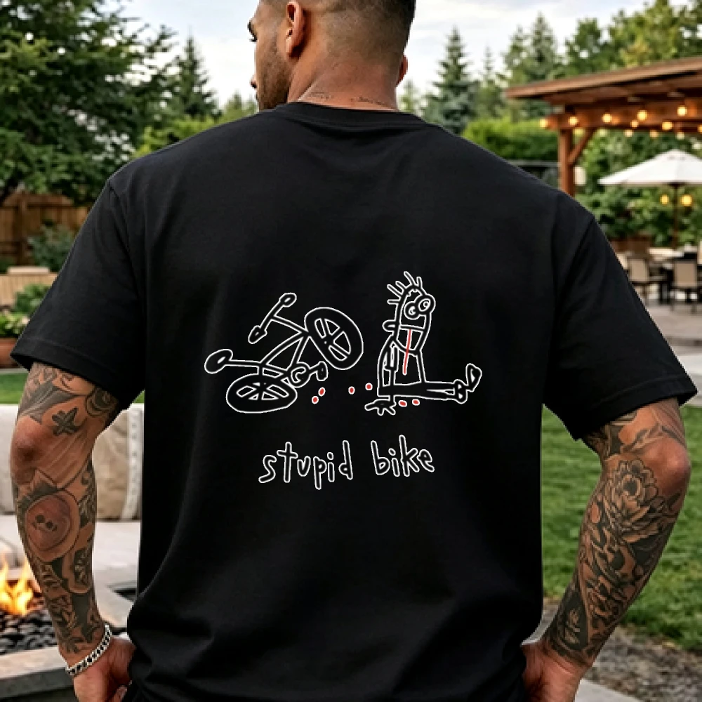 Funny Bike Crash Meme T-Shirt, Injured Stick Figure Bicycle Fail Back Print Cotton Shirt for Men Women Humor Cycling Hobby Fans