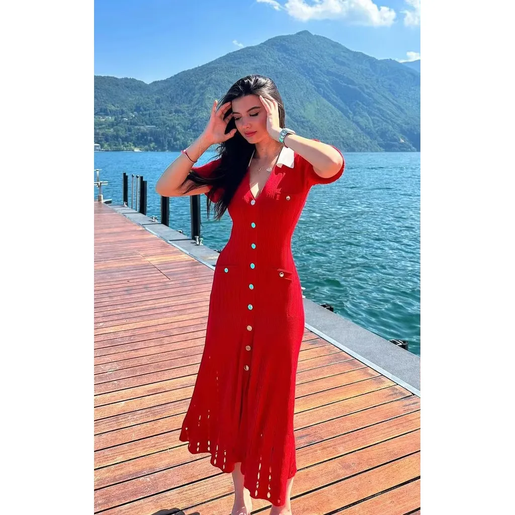 V-Neck Slimming Red Long Dress Bubble Sleeved Knitted Beach DressesHollowed Out Single Breasted Button Women Robe