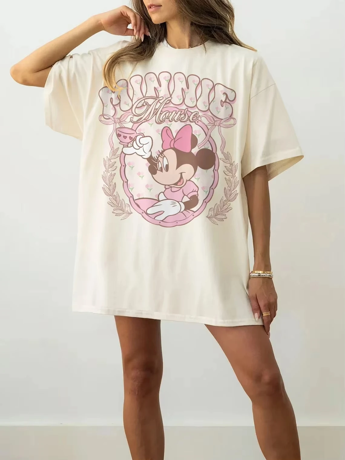 Disney Official Minnie Retro Casual Pure Cotton T-shirt Loose Round Neck All Season Dopamine Slim Fit Short Sleeved Shirt