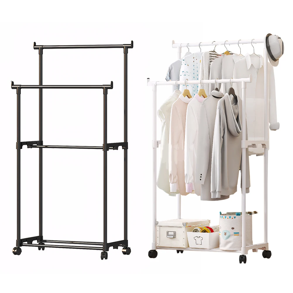 

Double Rods Garment Rack Portable Clothes Organizer Multifunctional Clothes Rack with Wheels for Laundry Room Clothing Store