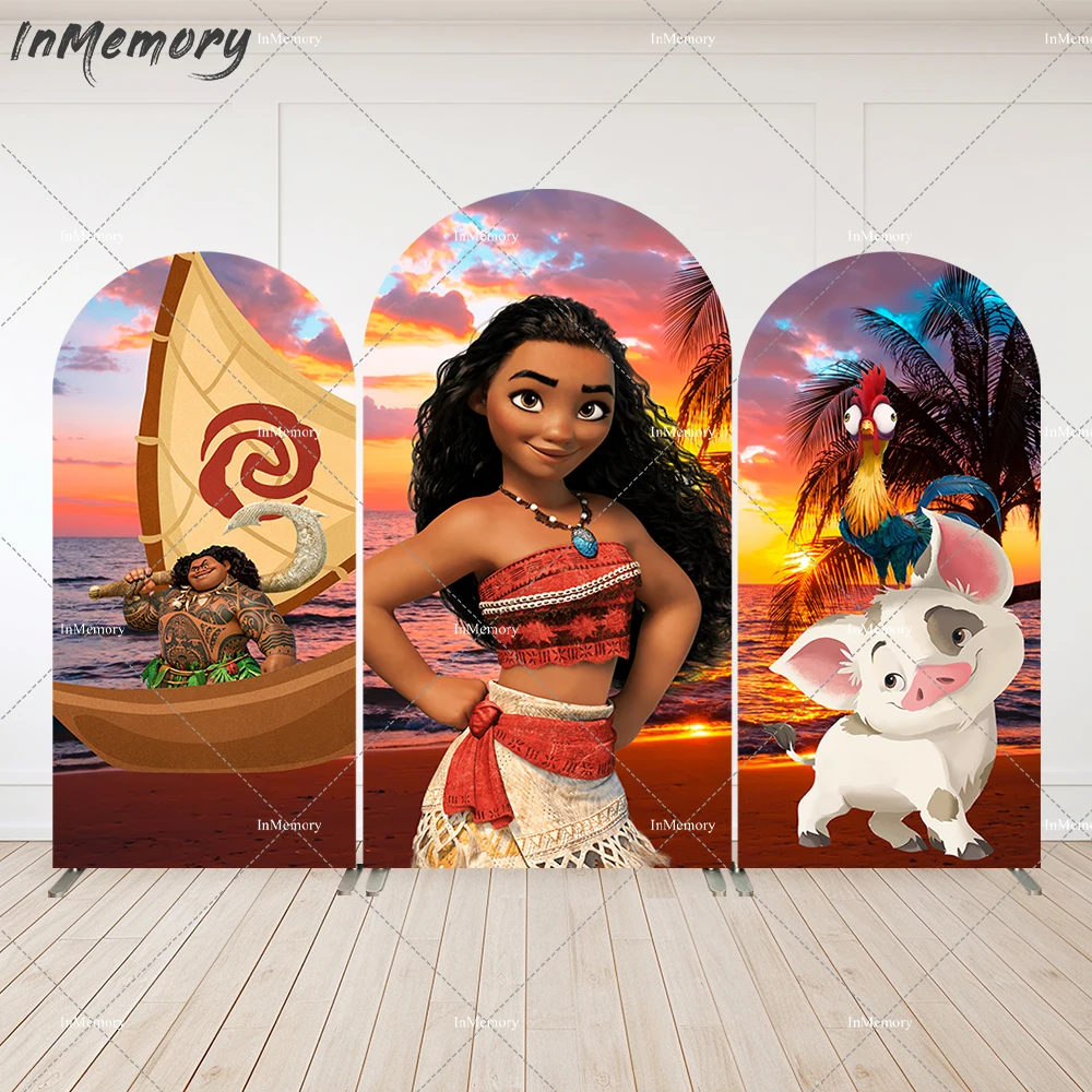 

Cartoon Moana Background Photography Birthday Party Supplies Girls Baby Shower Arched Wall Backdrops Cover Cake Table Banner