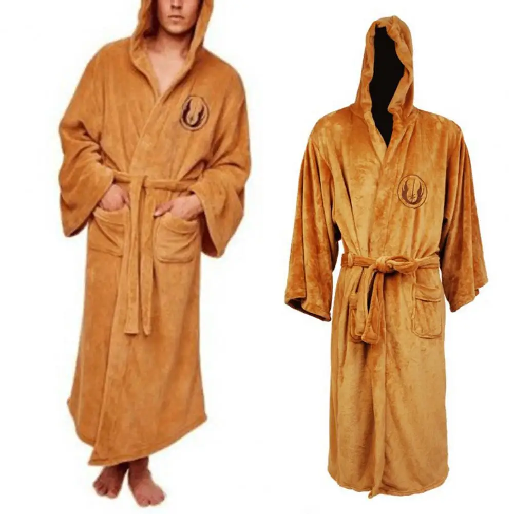 Simple Male Flannel Robe Long Sleeve Washable Star Pattern Pockets Robe Bathrobe Comfy Men Robe for Bedroom