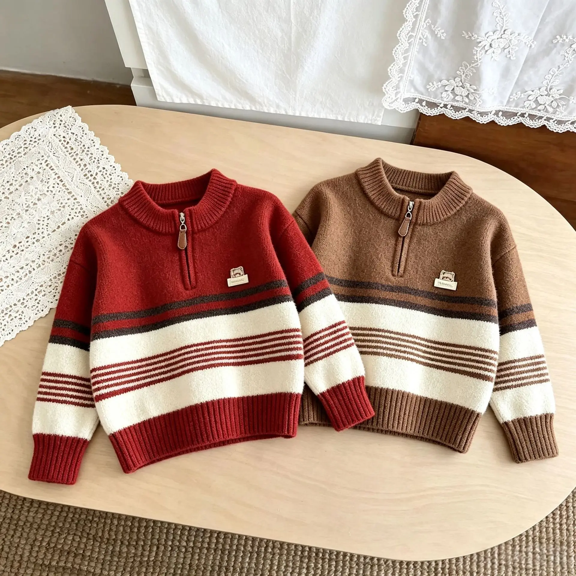 Classic Color-block Stripe Knit Pullover for Kids Boy Soft Skin-friendly Versatile Half Zipper Stand Collar Boys Sweater JY10101