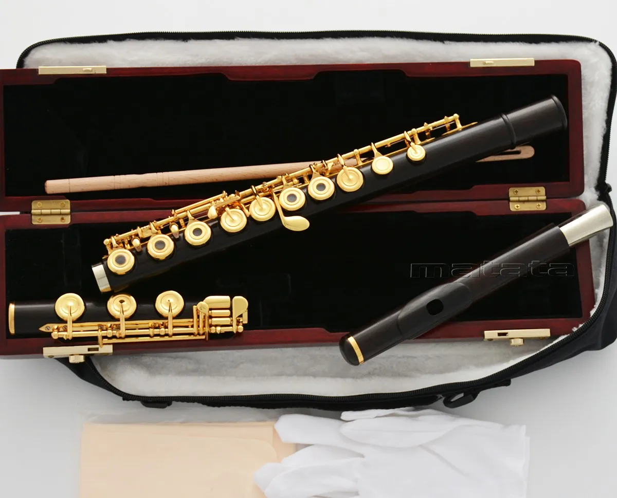 Fast Ship Ebony Wooden C Tone Flute Gold Plated 17 Key Hole Open Holes, Off set G WoodCASE