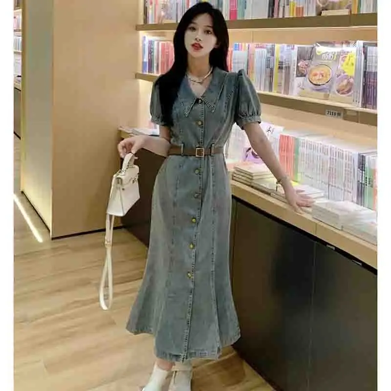 2024 Hong Kong Flavor Female Denim Dress New High Waist  A-line Jeans Dress Women Design Sense Summer Short Sleeved Cowboy Dress