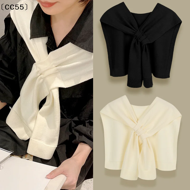 Korean Neck Guard Scarve Solid Color Woman's Knitted Cross Shawl Blouse Shoulders Fake Collar Cape Knotted Scarf〔CC55〕