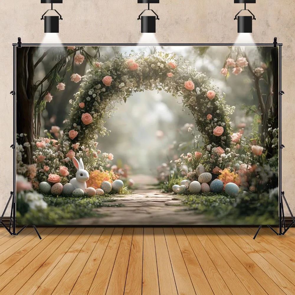 سعيد عيد الفصح موضوع الربيع الملونة البيض أرنب قوس الباب زهرة حفلة عيد ميلاد خلفية الطفل صورة التصوير الخلفية