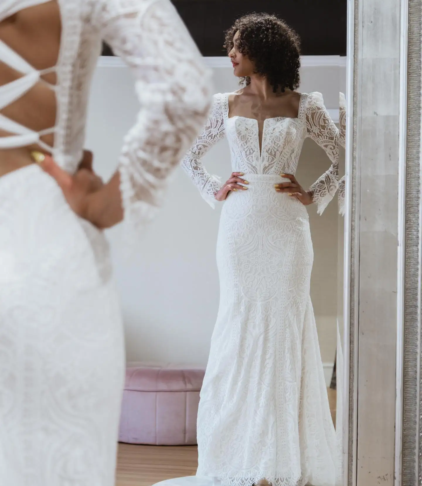 Celestial-inspired Lace Wedding Dress 2024 Long Sleeves Bridal Rehearsal Reception Engagement Party Night Dance Gown Boho Square